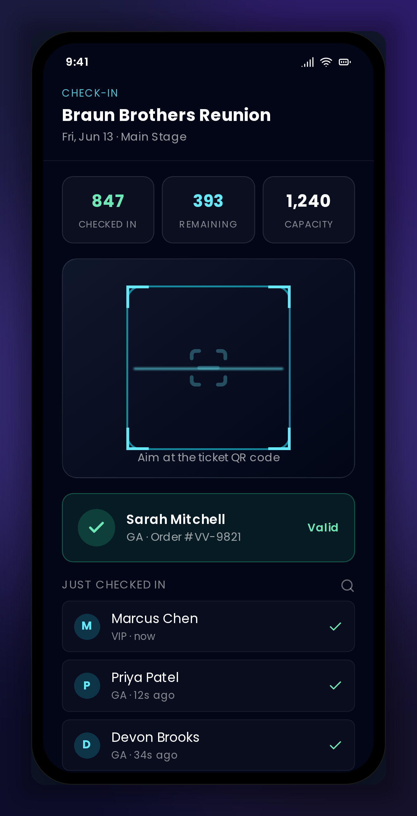 VenueVault mobile ticket scanning screen checking an attendee in at the door