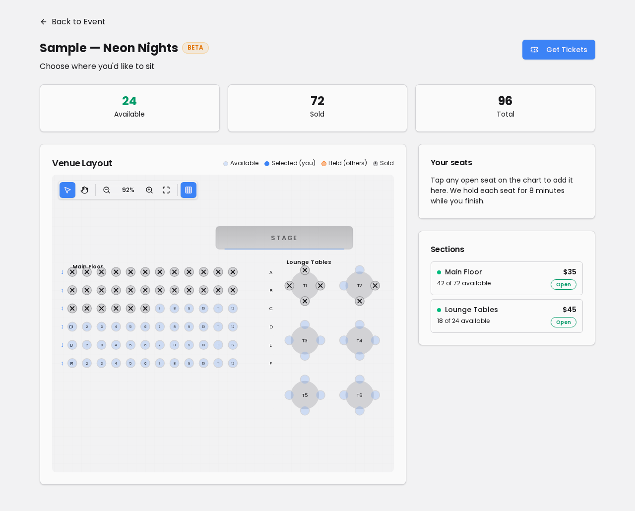 Buyer seating chart showing available and sold seats for a sample event