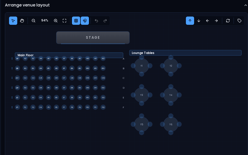 VenueVault seating builder showing rows and lounge tables