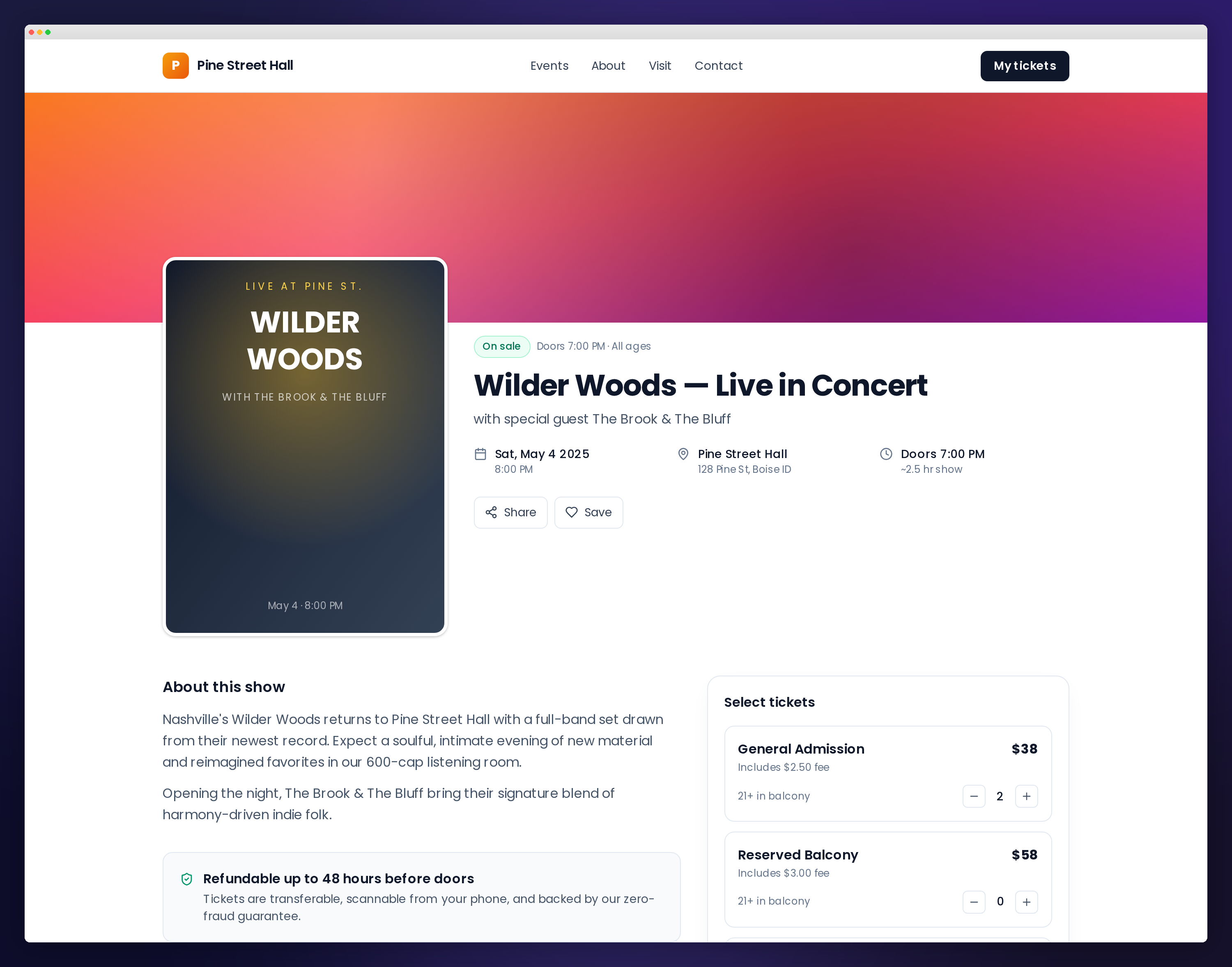 VenueVault branded public event page showing ticket types and the checkout button
